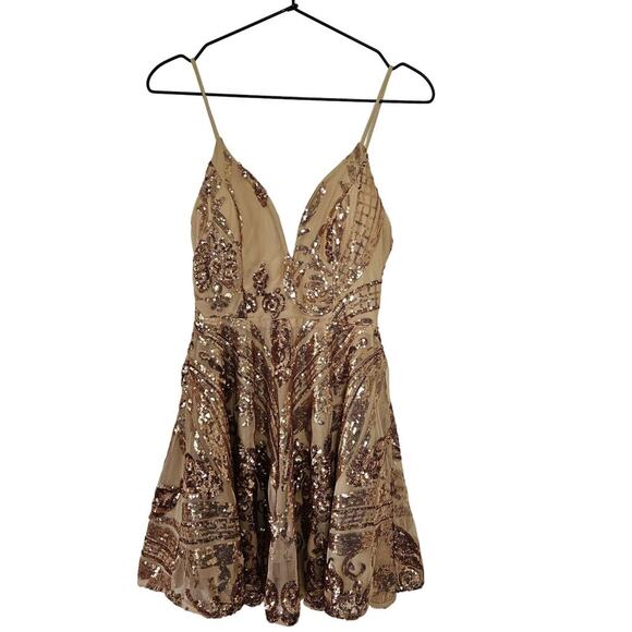 Windsor Mesh Sequin Plunge Mini‎ Skater Dress S Beige Gold - Picture 1 of 13